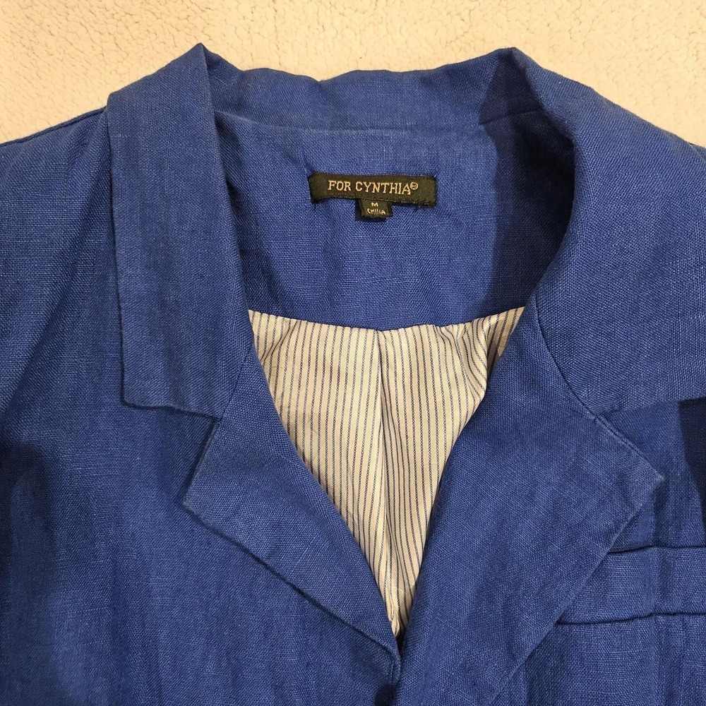 For Cynthia Blue linen blazer with white pinstripes lining - Picture 2 of 5